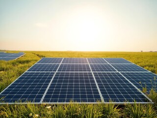 A clean solar panel field under a bright sky with green grass surrounding, Ai Generate.