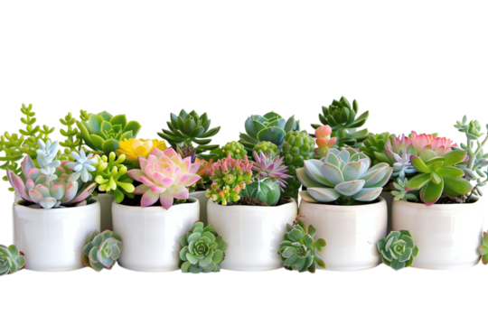 Row of White Pots with Succulents and Flowers on White Background Varient 5