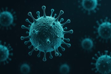 Microscopic 3D rendering of virus particles with spikes, representing infection, pandemic, and disease transmission. Scientific medical and healthcare concept.