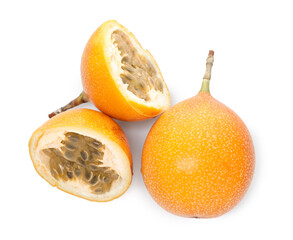 Ripe yellow passion fruits isolated on white, top view