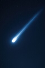 Bright comet or meteor streaks across the night sky, glowing in white-blue light. Celestial phenomenon symbolizing speed, impact, and astronomical beauty.