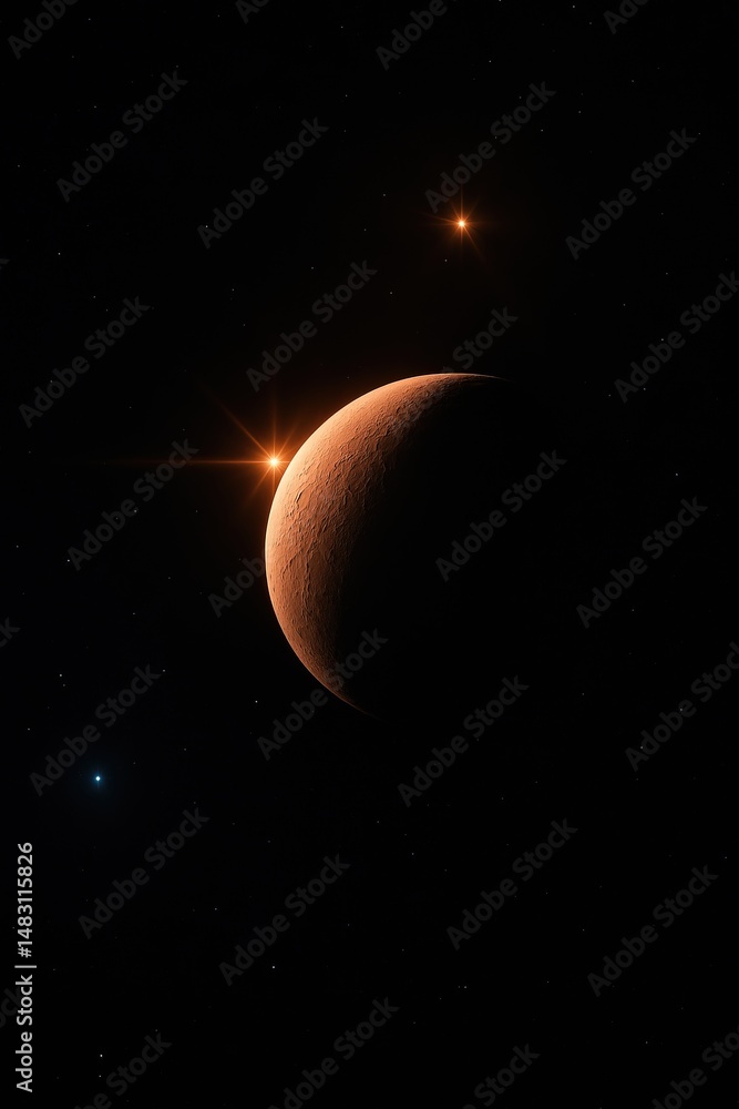 Wall mural dramatic crescent planet glows in deep space with bright flares. astronomy backdrop for exoplanets, 