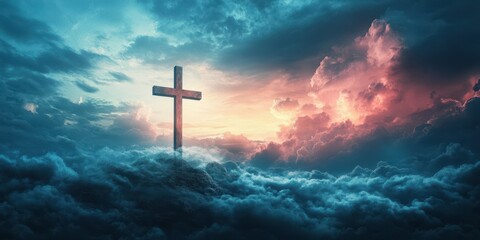 Fototapeta premium Dramatic clouds and a silhouette of a cross during sunset create a spiritual atmosphere