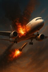 Passenger jet struck by a missile with engines ablaze&mdash;dramatic aviation disaster concept showing attack, conflict and mid-air emergency. War risk, security and crisis theme.