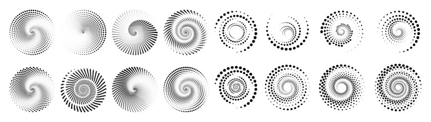 Abstract Spiral Pattern Collection in Grayscale. Set of Stylized Spiral Designs and Swirls