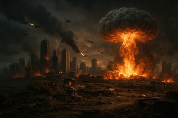Cinematic mushroom cloud towers above a burning skyline. Apocalyptic war scene symbolizing nuclear strike, destruction, crisis and devastation&mdash;disaster and end-of-world concept.