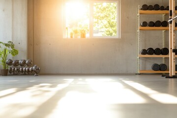Exercise room with dumbbells and natural light for fitness and strength training