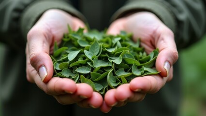 The green leaves held in my hand