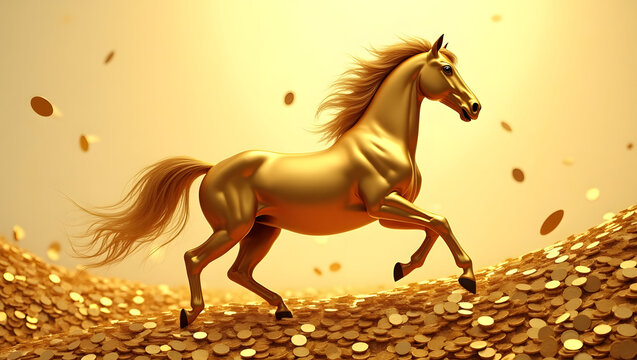 The golden horse stands on a pile of money, gold and gold coins, symbolizing wealth and prosperity, millionaires and billionaires.