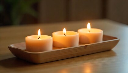 Three Lit Candles in a Minimalist Bamboo Tray, Bamboo Candle Trio in basket, created with generative ai