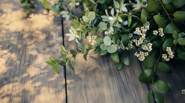 A realistic mockup of a branded traditional wedding garland stringer, placed on a crafting table