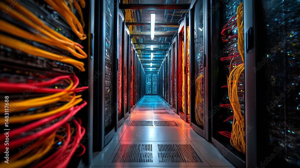 Aufkleber modern data center server room interior with bright colorful cables and network technology infrastru