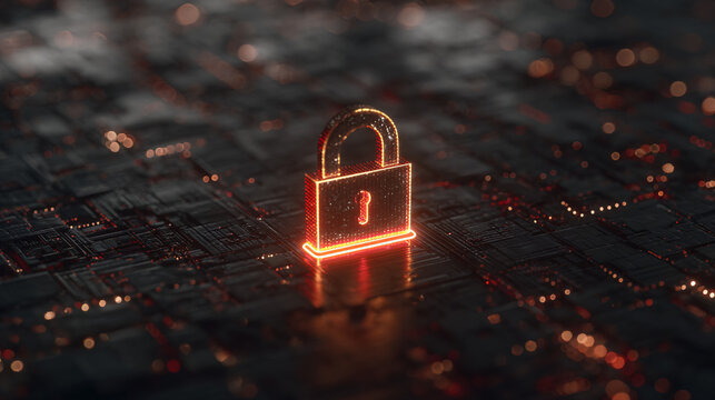 Cybersecurity Concept with Glowing Red Lock on Circuit Board