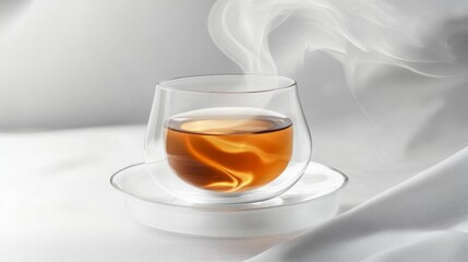 a hot tea in a transparent cup with steam on white background