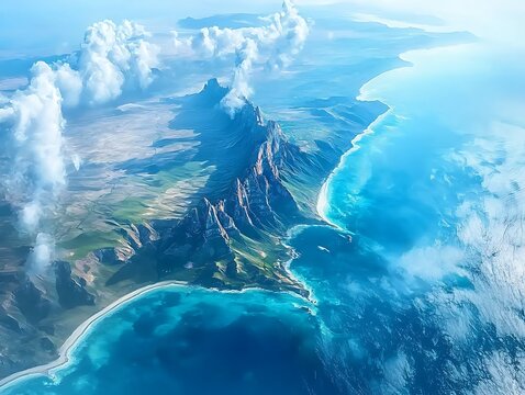 Stunning aerial view of coastal mountains and turquoise waters