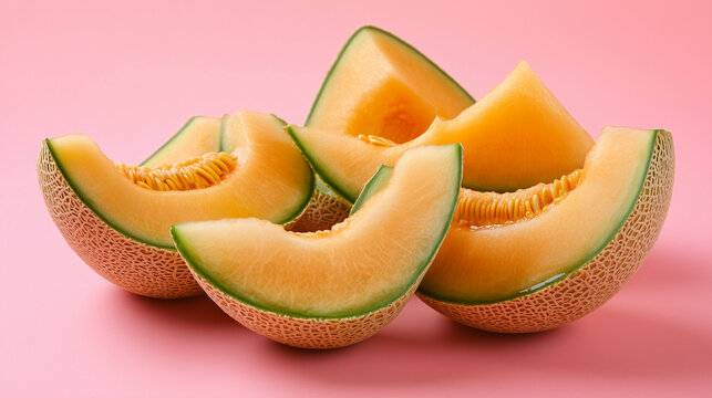 Sliced cantaloupe melon isolated on pink background food photography