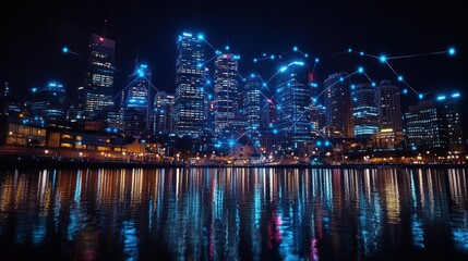 Fototapeta premium Futuristic cityscape at night with network connections