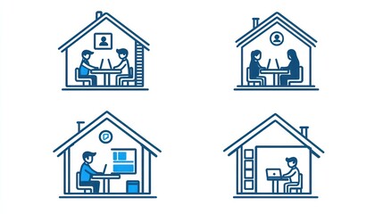 Fototapeta premium Four illustrations depict remote work scenarios two individuals collaborating, one person working individually at a desk and another working in a home office
