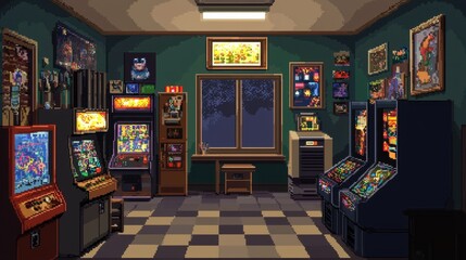 8-bit style old-school arcade room packed with retro cabinets and pixel lights