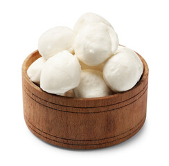 Tasty mozzarella cheese balls in bowl isolated on white