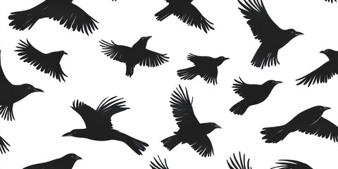 Numerous black bird silhouettes in various flight poses on a white background