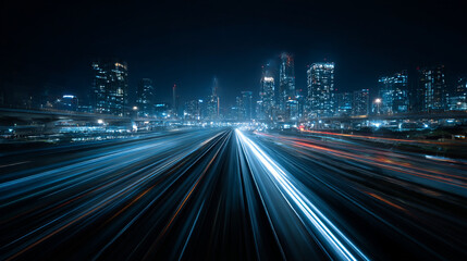 Stunning night cityscape with light trails on highway modern urban skyline dramatic cityscape night photography