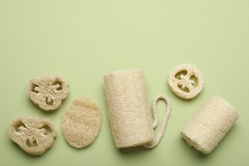 Natural loofah sponges on green background, flat lay. Space for text
