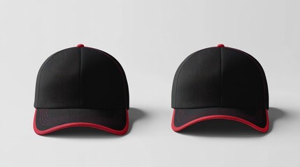Two black baseball caps with red trim isolated on white background