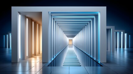 Obraz premium Futuristic Architectural Interior with Blue Lights and Reflections in a Minimalist Space