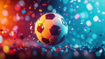 Naklejka premium A classic soccer ball surrounded by colorful confetti and vibrant lighting, creating an energetic celebration atmosphere.