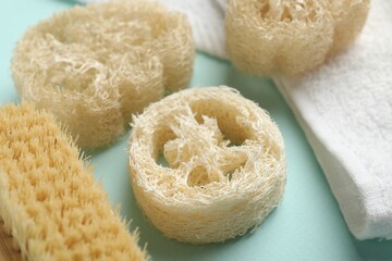 Natural loofah sponges, brush and towel on light blue background, closeup