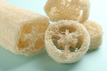 Natural loofah sponges on light blue background, closeup