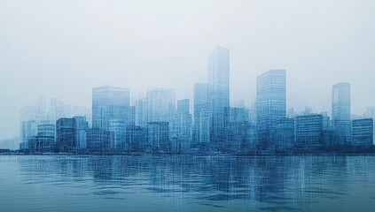 Misty city skyline reflected in tranquil water.  A hazy, muted blue cityscape stretches along a calm waterfront