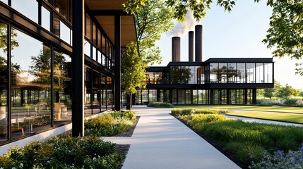 gas refinery with bold modernist design nestled within evergreen woodland, dark metal cladding reflecting the tree line, smoke-free chimneys, open green fields bordering the structure, smooth