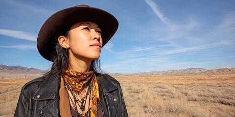 asian female cowboy standing in open field 