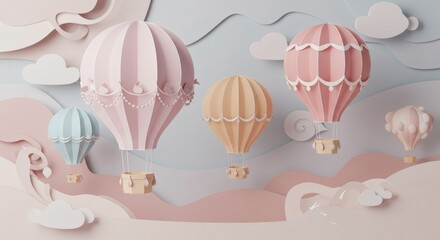Pastel Hot Air Balloons Floating Above Paper Clouds in Dreamy Landscape