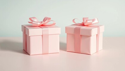 Obraz premium Two pastel gift boxes, elegantly wrapped, await a celebration on a smooth surface, colorful, ribbon