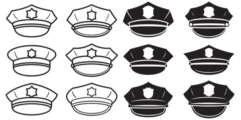 Police Officer Hat Icons, Police Officer Head Silhouettes in Uniform Caps, Outline Illustrations of Police Officer Hats © Abdur Razzak ID: #52