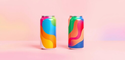 Two colorful abstract beverage cans on a pastel background  Modern branding mockup,   texture,  pastel colors
