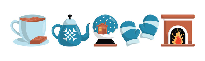 Cozy winter arrangement featuring a cup of hot chocolate, a snowflake teapot, a snow globe, mittens and a fireplace. It evokes feelings of warmth, relaxation, and the joy of the holiday season.