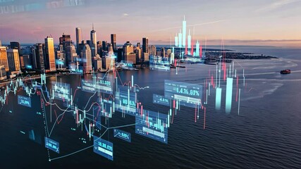 Financial charts and data over San Francisco. Futuristic city skyline motion video - Powered by Adobe