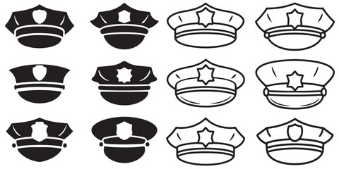 Police Officer Hat Icons, Police Officer Head Silhouettes in Uniform Caps, Outline Illustrations of Police Officer Hats