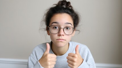 A young woman with glasses gives a thumbs up while expressing a range of emotions. This candid moment captures the simplicity of everyday life and personal satisfaction.