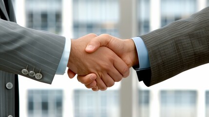 Two businessmen shaking hands, closing a deal in front of an office building, concept of business and finance