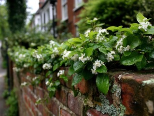 Dense Ivy Covered Brick Fence with Small White Flowers in Focus