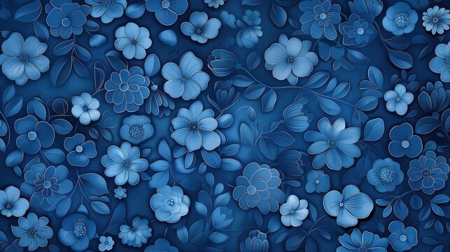 Delicate blue blossoms and foliage intertwining, forming elegant textured pattern for design applications in fashion, decor, and print media
