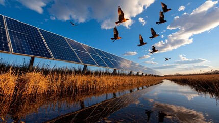 solar panels positioned around wetlands, birds flying low over shallow water, rich biodiversity near modern clean energy units, visual contrast of reflection and utility