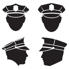 Police Officer Hat Icons, Police Officer Head Silhouettes in Uniform Caps, Outline Illustrations of Police Officer Hats