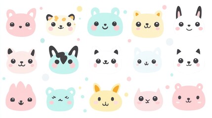 Adorable cartoon animals with pastel hues, each face having simple kawaii design