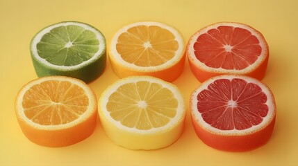 Photograph of six citrus fruit slices â€“ lime, orange, lemon, and grapefruit â€“ arranged on a yellow background.